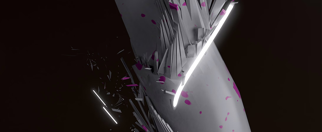 The image presents a dynamic and abstract 3D graphic design. It features a central, curved structure that appears to be breaking apart or exploding, with numerous shards and fragments dispersing outward. The fragments are primarily gray, with some accented in a vibrant pink, adding a striking contrast to the overall composition. A prominent white, glowing line runs vertically through the center of the structure, enhancing the sense of energy and movement. The background is a deep black, which further accentuates the bright and colorful elements in the foreground. The overall effect is one of chaos and energy, with a futuristic and digital aesthetic.