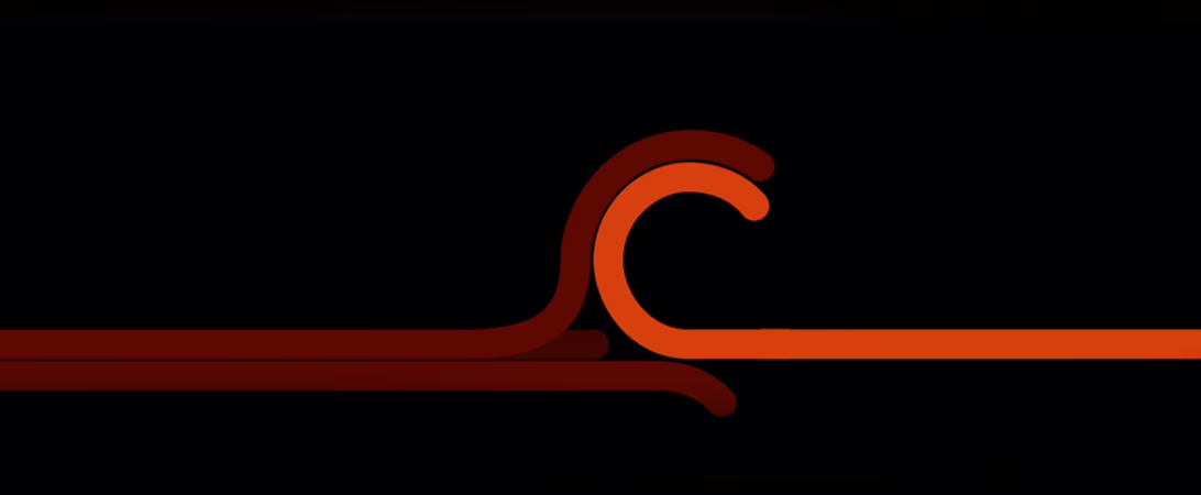 A minimalist and abstract theme, featuring a stark contrast between the dark background and the vibrant, warm-toned design elements. The central motif is a stylized, curvilinear shape that resembles a wave or a flame, rendered in shades of orange and red. The design is simple yet dynamic, with smooth, flowing lines that create a sense of movement and energy. The use of a limited color palette and bold, flat shapes contributes to a modern and impactful visual style.