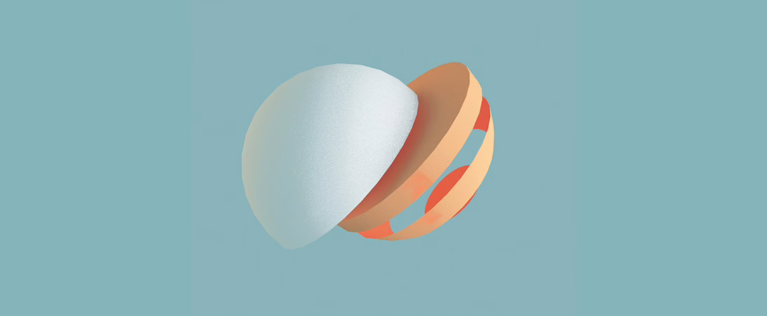 L'image présente une représentation 3D d'un objet sphérique abstrait. La sphère semble partiellement ouverte ou segmentée, révélant une structure interne avec des couches de couleurs chaudes, notamment des nuances d'orange et de rouge. La surface extérieure de la sphère est lisse et présente une teinte bleue légère, presque translucide. Le design est moderne et minimaliste, mettant l'accent sur les formes géométriques et une esthétique propre et épurée. L'utilisation de dégradés et de textures subtiles ajoute de la profondeur et de la dimension à l'image, créant un aspect visuellement attrayant et contemporain.