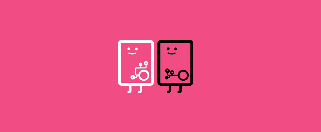 L’image adopte un style graphique minimaliste et plat, avec un fond rose vif et audacieux. Les éléments principaux sont deux personnages rectangulaires aux coins arrondis, dessinés en noir et blanc de manière très épurée. Ils affichent des visages souriants et possèdent de petits motifs stylisés en forme de circuits, évoquant peut-être un thème numérique ou technologique. Le contraste entre les figures noire et blanche crée un effet visuel percutant, tandis que l’ensemble reste clair, ludique et moderne.